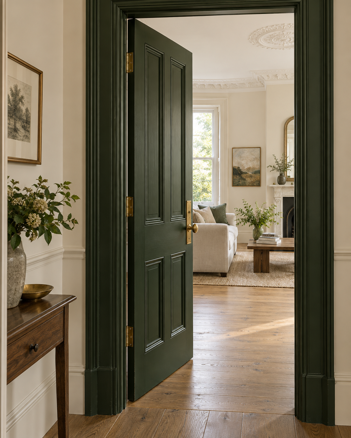 Interior with a deep green timber doorway and natural light
