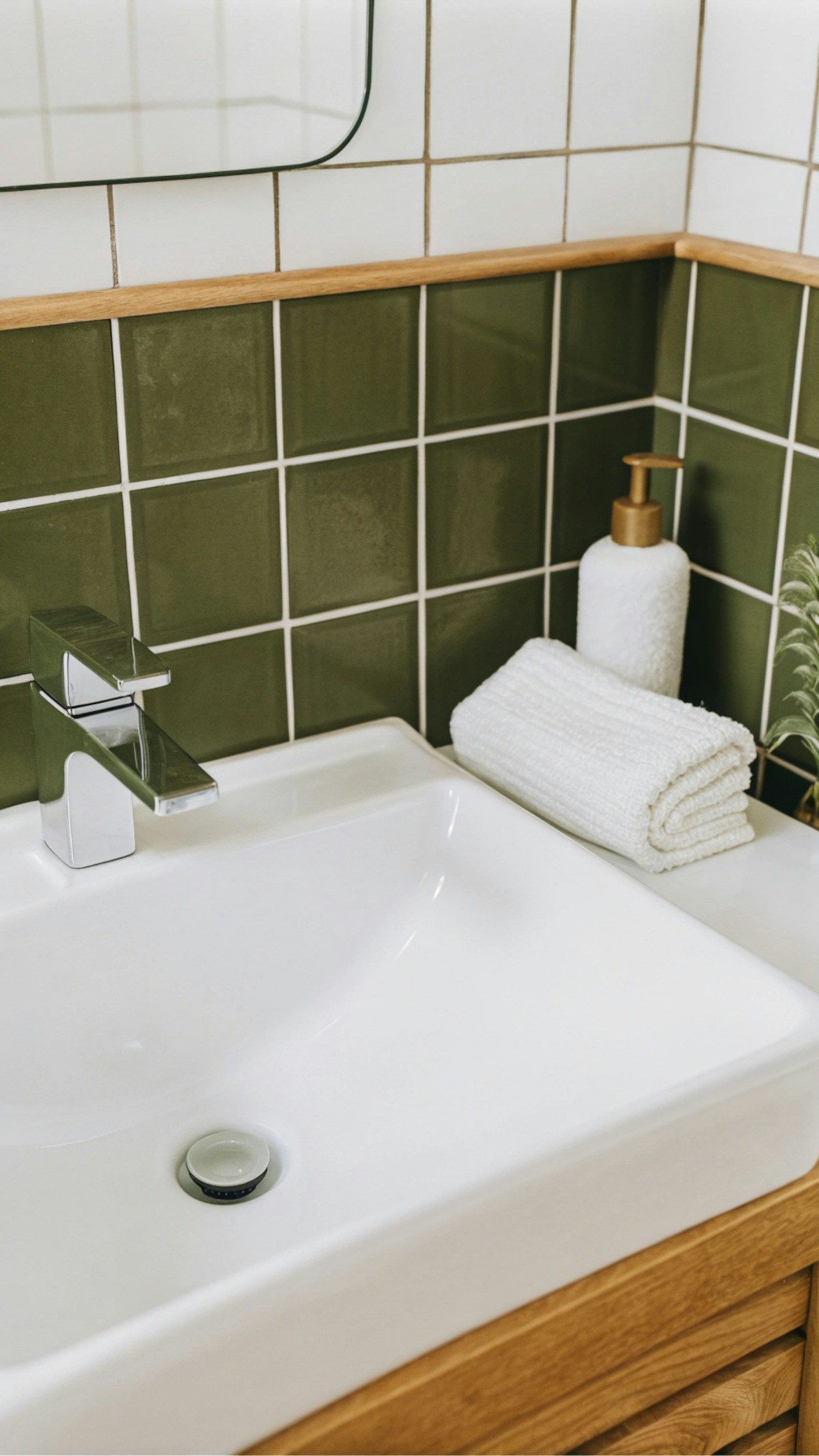 A white sink sitting under a bathroom mirror